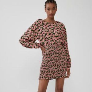 *Zara Floral Pink Rose Long Sleeve Ruched Skirt Cocktail Dress